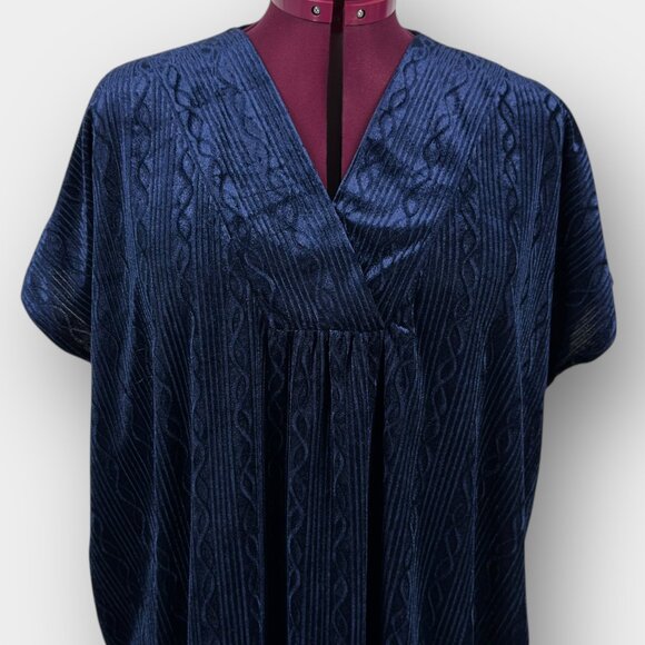 Vanity Fair One Size Blue Velour Caftan Long Kimono Sleeve V Neck Textured Maxi - Picture 4 of 8